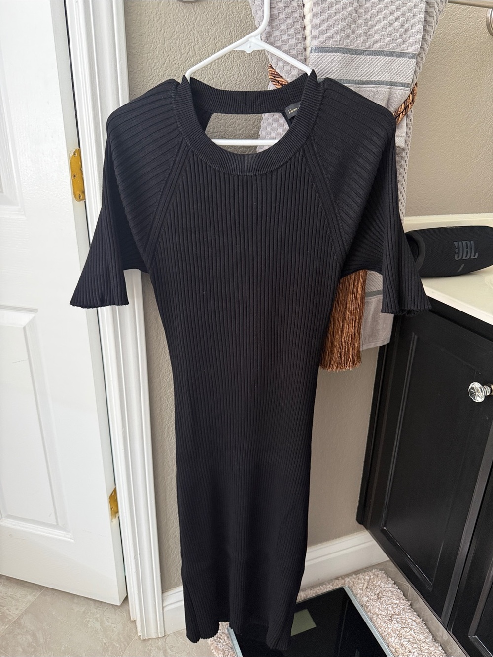 House of Harlow 1960 Black Ribbed Midi Dress with Fluted Sleeves